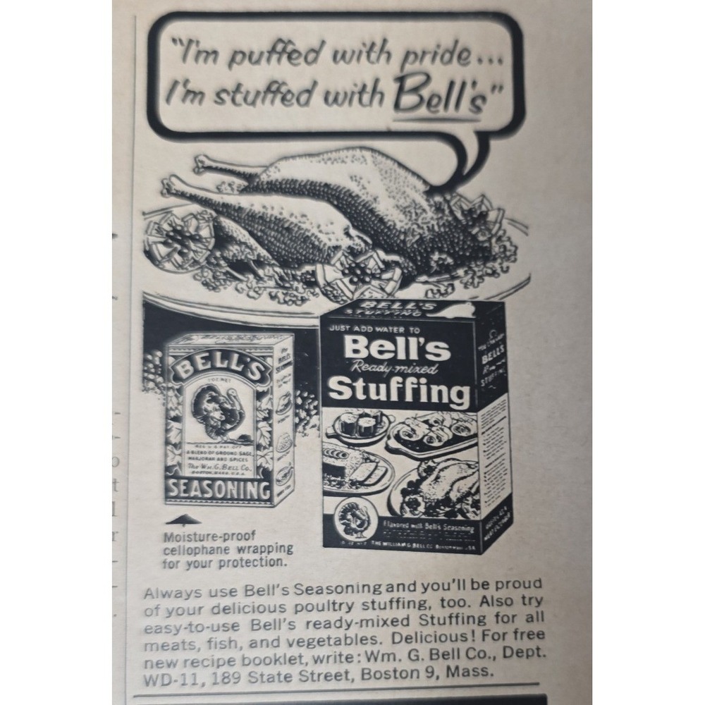 1946 & 1954 Bell's Seasoning Stuffing Print Ad Turkey Illustration Boston Mass